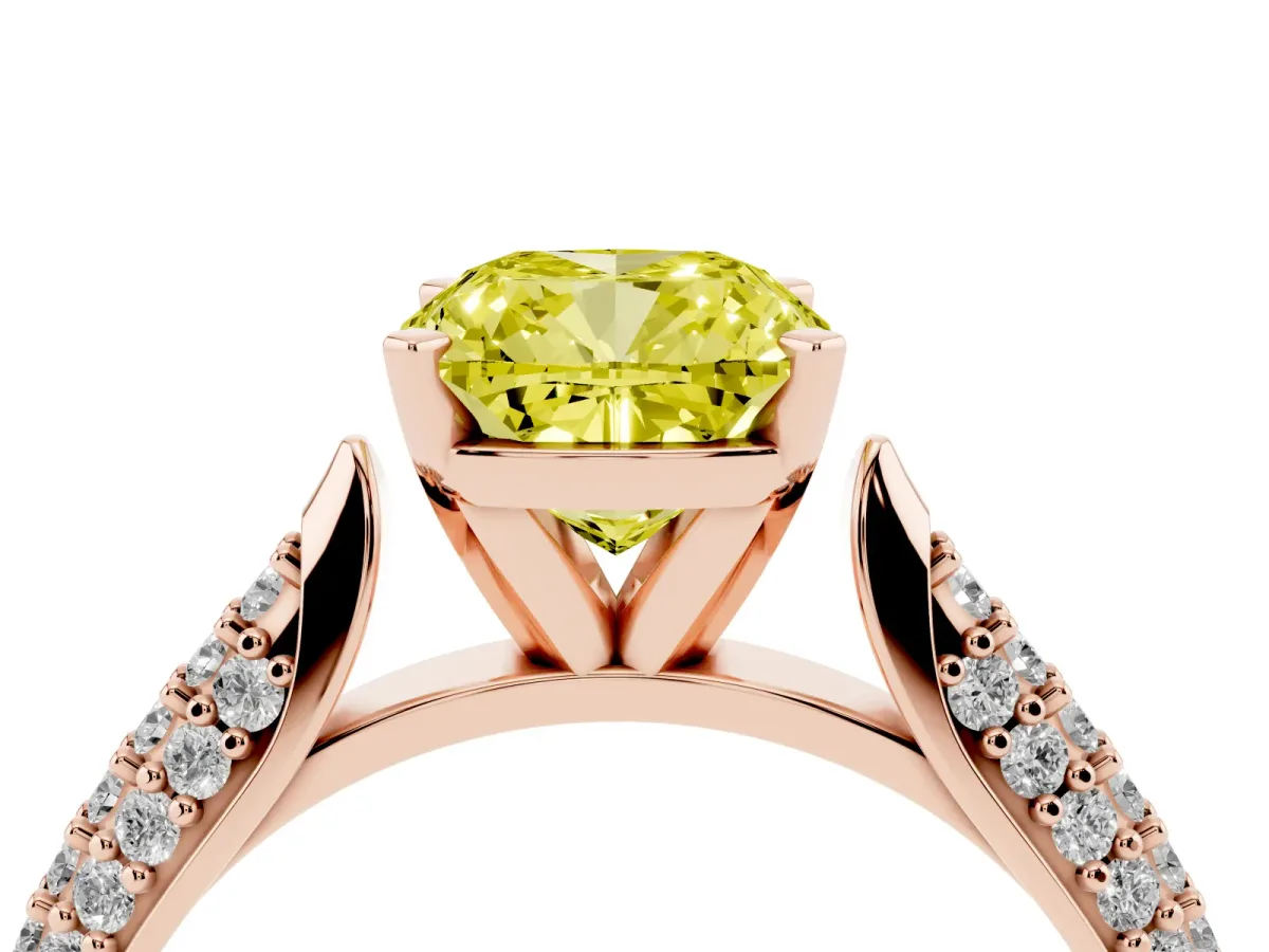 Fancy Yellow Cushion Cut Diamond Solitaire Engagement Ring with Multi-Row Round Pavé Band and Prong Setting Rose gold