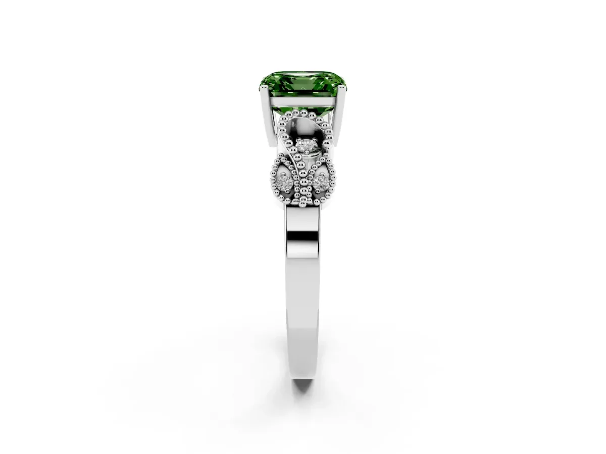 Fancy Green Asscher Cut Solitaire Milgrain Leaf Band with Prong Setting Platinum