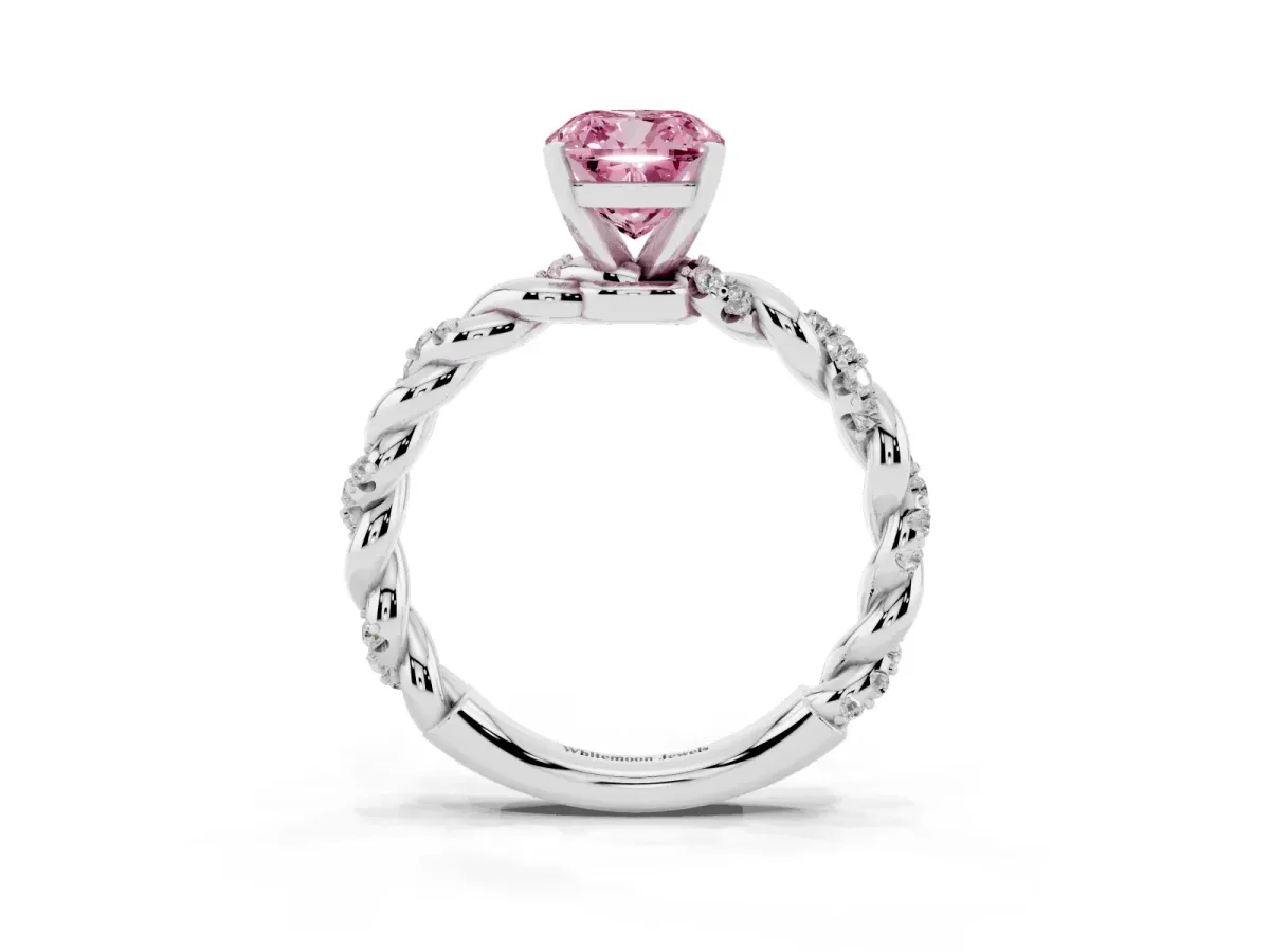 Fancy Pink Cushion Cut Diamond Solitaire Ring with Twisted Band and Pavé Accents Platinum
