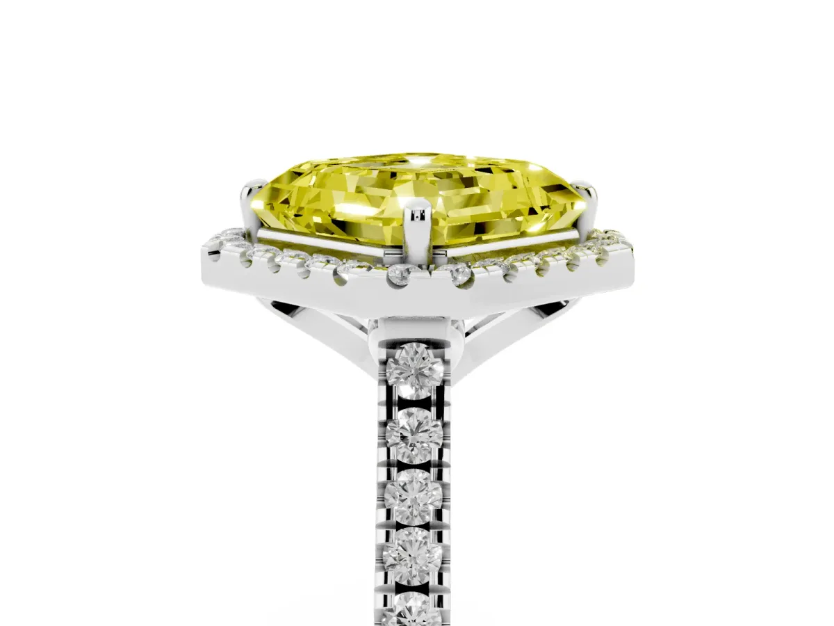 Fancy Yellow Asscher Cut Diamond Cushion Halo Ring with Pavé Band Silver