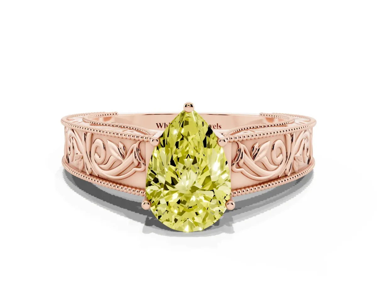 Fancy Yellow Pear Cut Diamond Solitaire Ring with Engraved Band and Four-Prong Setting Rose gold