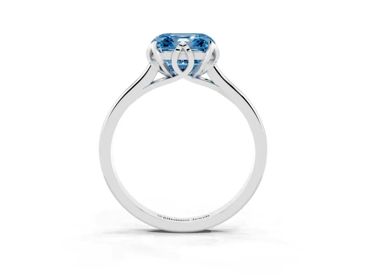 Fancy Blue Asscher Cut Diamond Solitaire Ring with Flower Prong Setting and Classic Band Silver