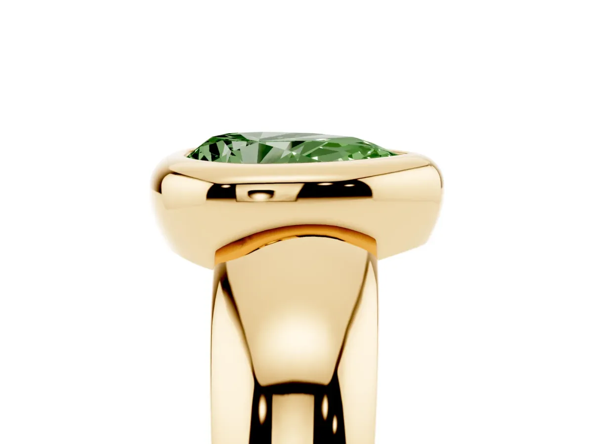 Fancy Green Bezel Set Pear Cut Solitaire Ring with Wide Band Yellow gold