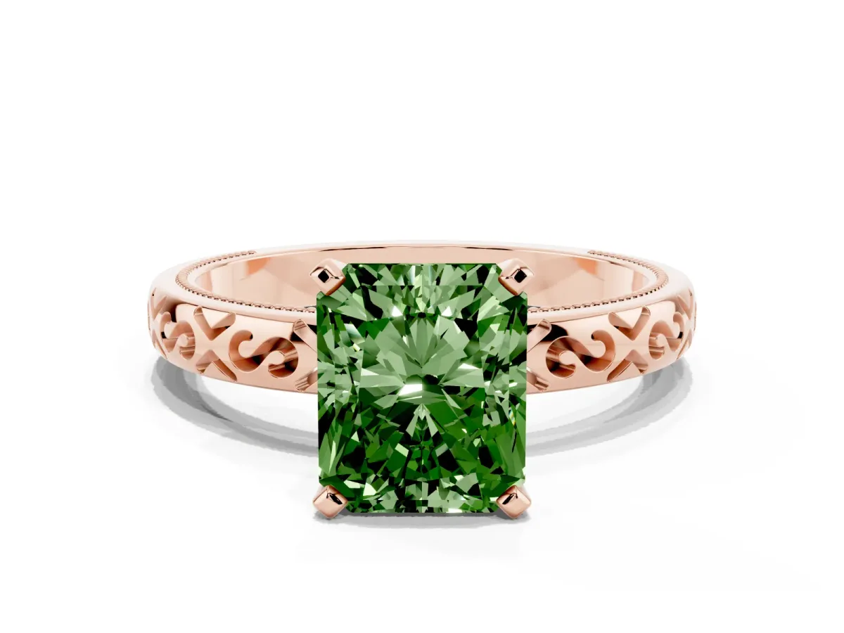 Fancy Green Radiant Cut Solitaire Engagement Ring with Scrollwork Band and Four-Prong Setting Rose gold
