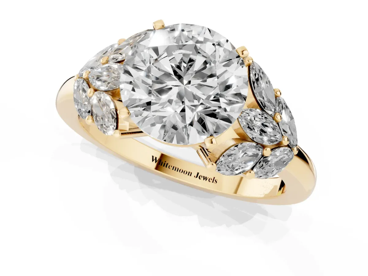 Round Cut Diamond Cluster Leaf Design Ring with Prong Setting Yellow gold