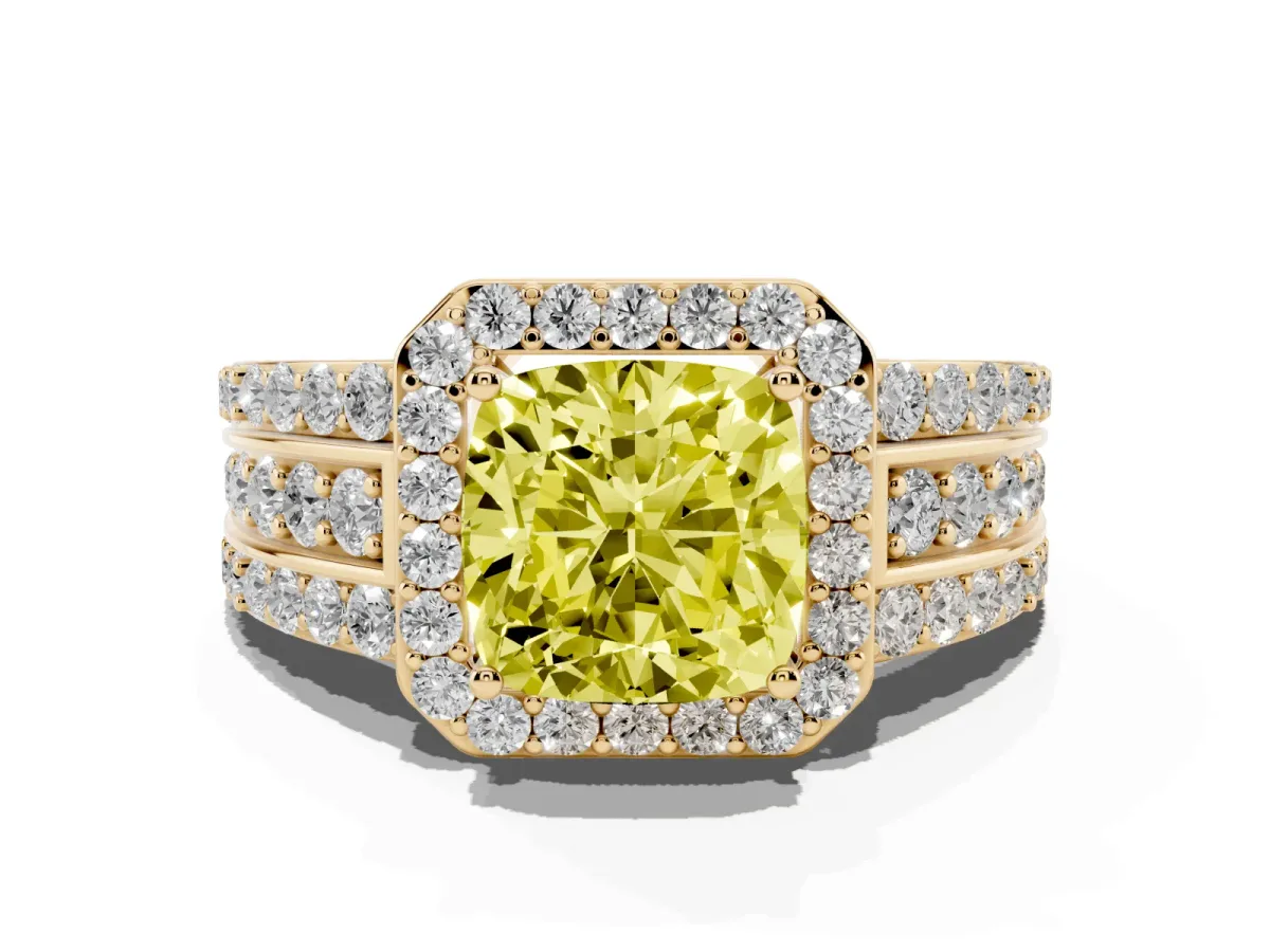 Fancy Yellow Cushion Cut Halo Diamond Ring with Round Split Shank and Prong Setting Yellow gold