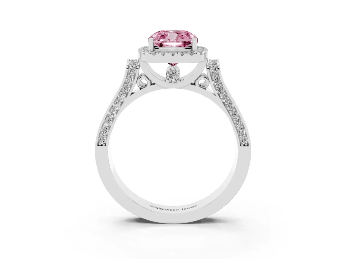 Fancy Pink Cushion Cut Halo Pave Split Shank Prong Setting Ring Silver