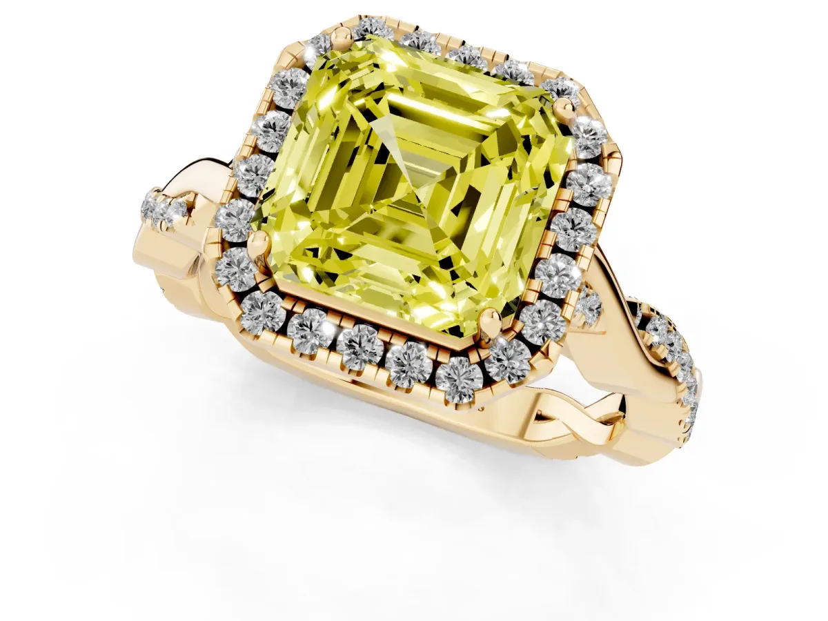 Fancy Yellow Asscher Cut Halo Twist Band Solitaire Ring Yellow gold