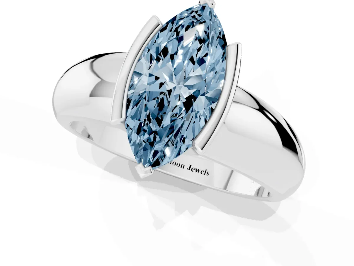 Fancy Blue Marquise Cut Solitaire Tension Set Diamond Ring with Wide Band Silver