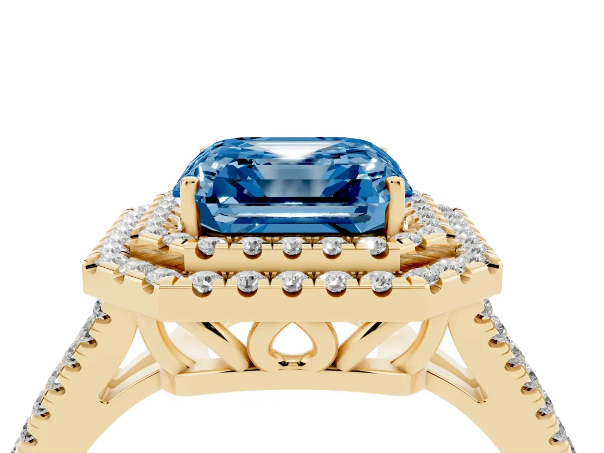 Fancy Blue Asscher Cut Diamond Double Halo Ring with Pavé Band and Prong Setting Yellow gold