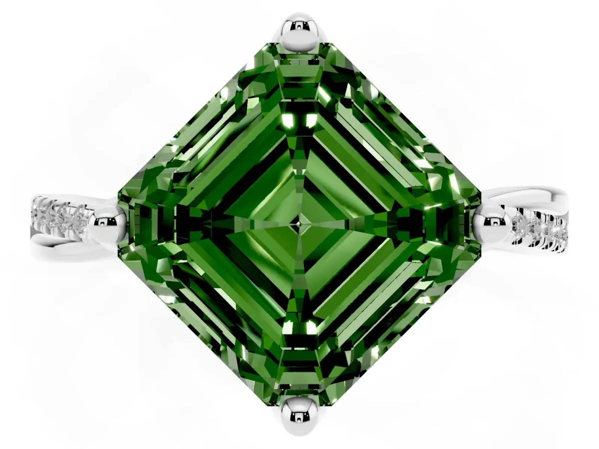 Fancy Green Asscher Cut Solitaire Twist Band with Pavé Diamonds and Four-Prong Setting White gold