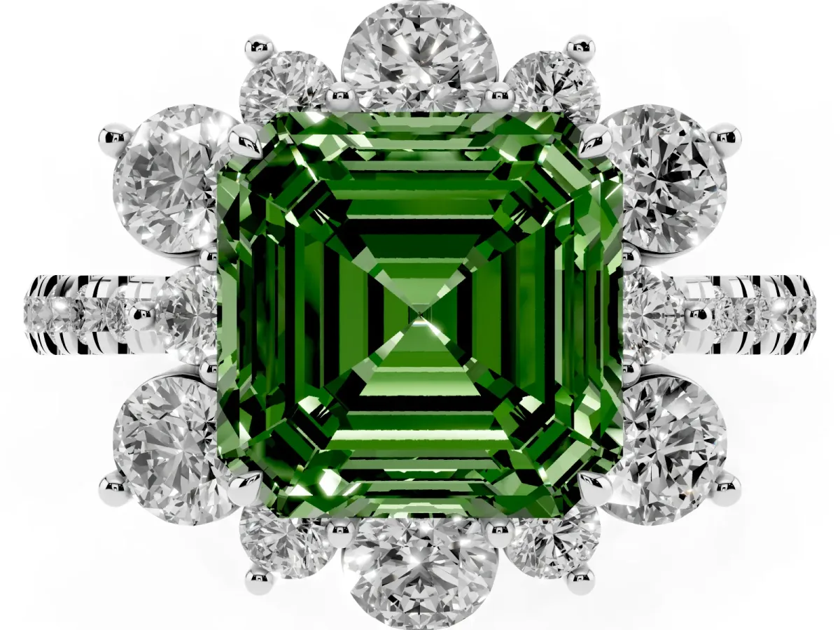 Fancy Green Asscher Cut Diamond Floral Halo Ring with Round Pavé Band and Prong Setting Platinum
