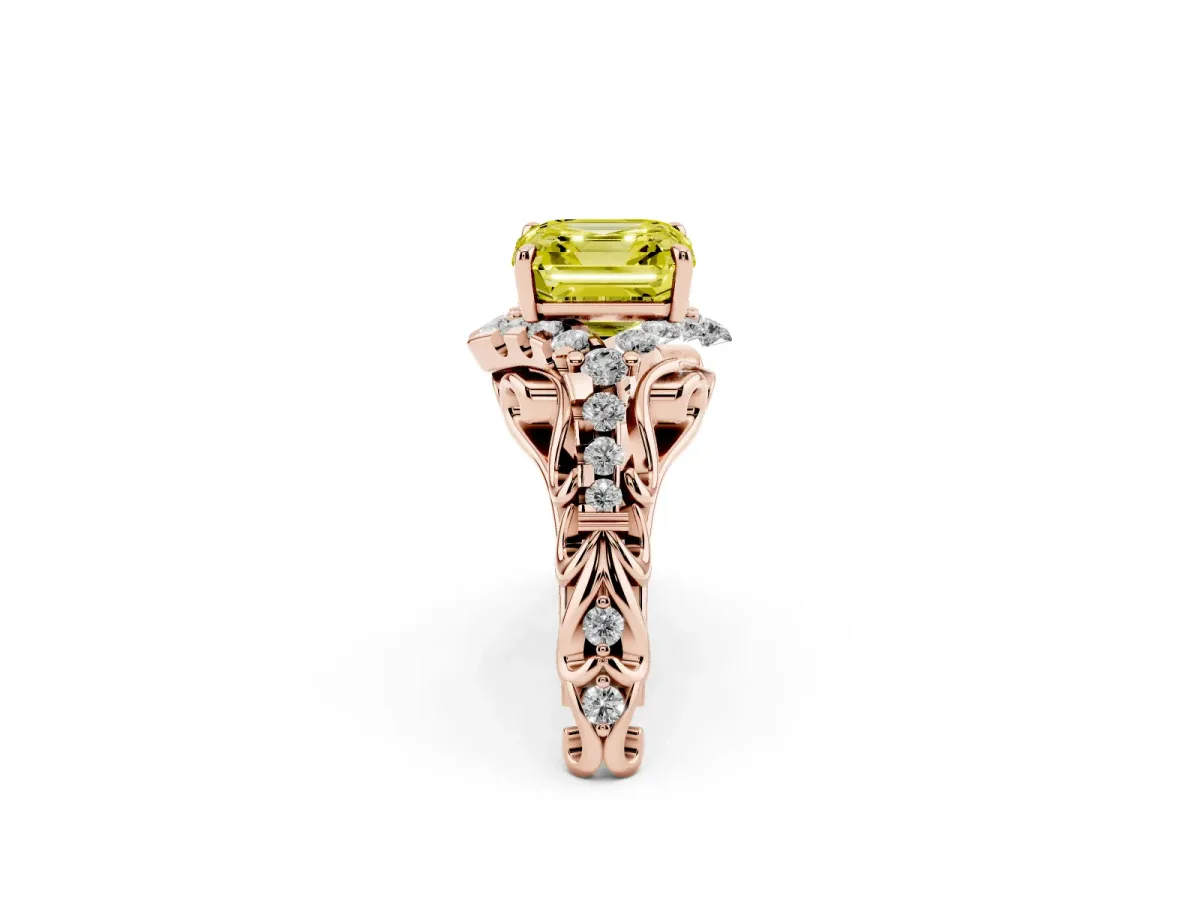 Fancy Yellow Asscher Cut Diamond Solitaire Ring with Hidden Halo and Pavé Band Rose gold