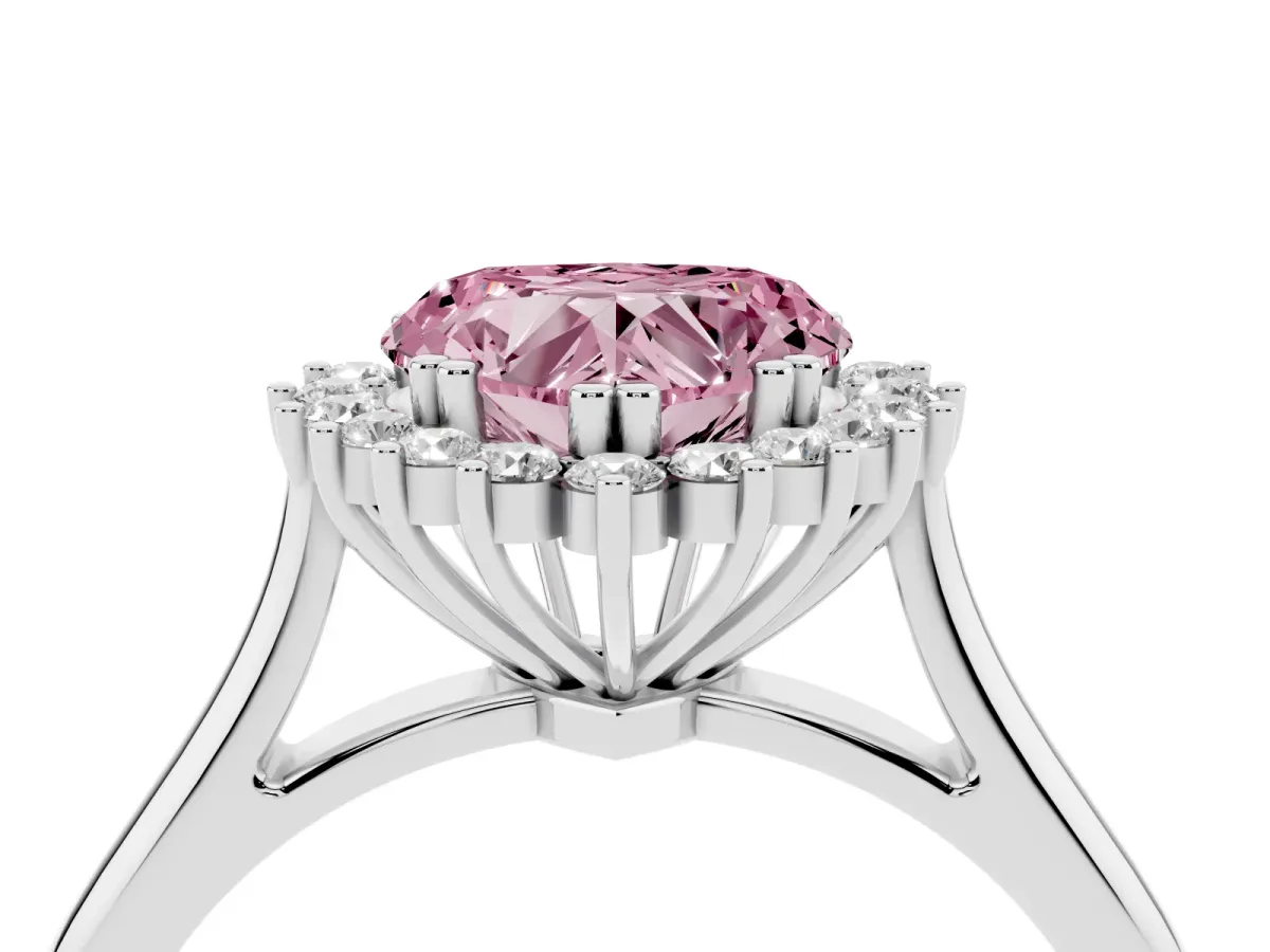Fancy Pink Heart Cut Cut Diamond Halo Ring with Solitaire Band and Prong Setting Platinum