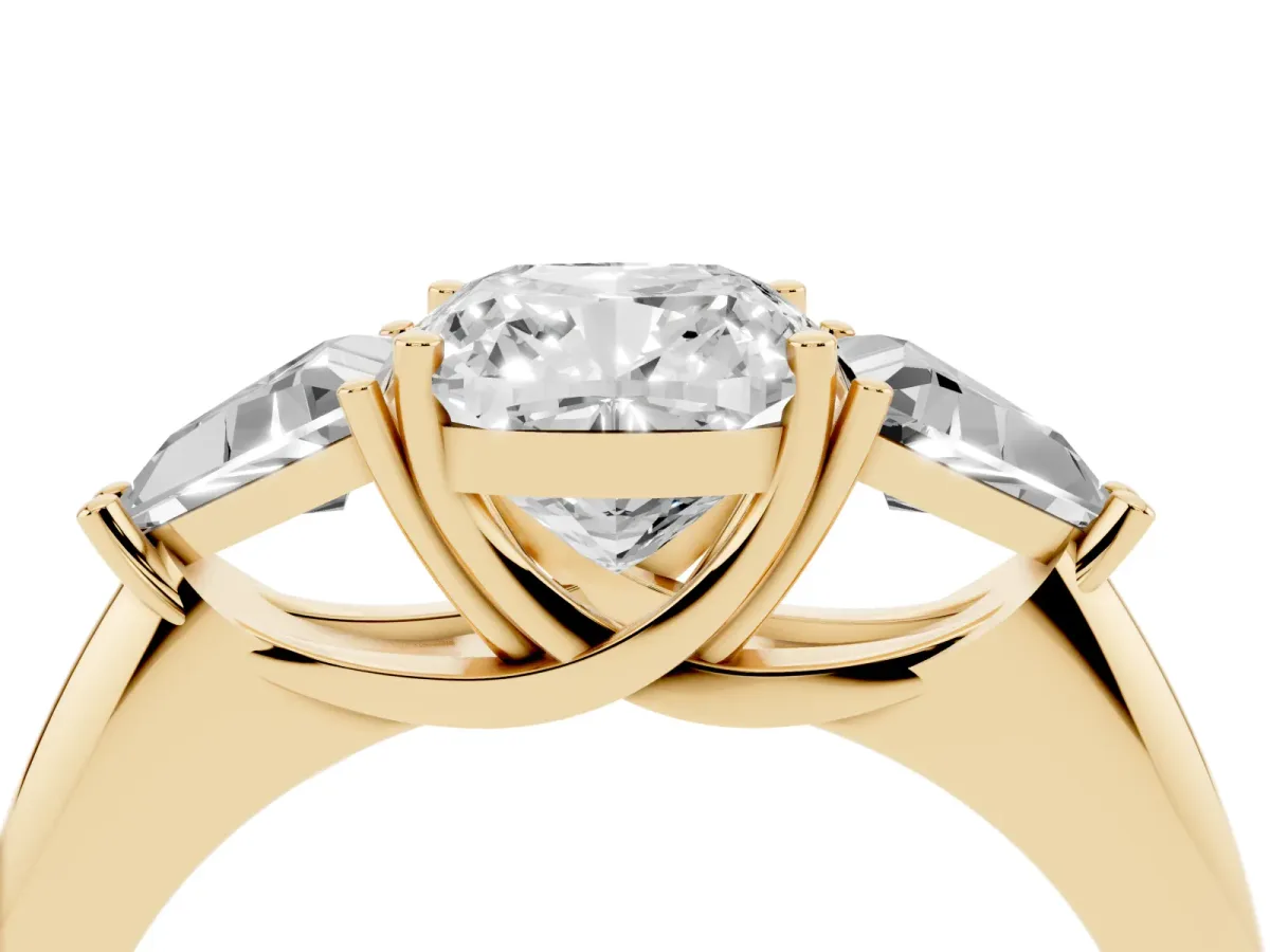 Three-Stone Cushion Cut Diamond Engagement Ring with Trillion Side Stones and Prong Setting Yellow gold
