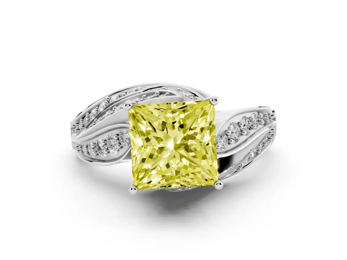 Fancy Yellow Princess Cut Diamond Solitaire Ring with Prong Setting and Twisted Pavé Band White gold