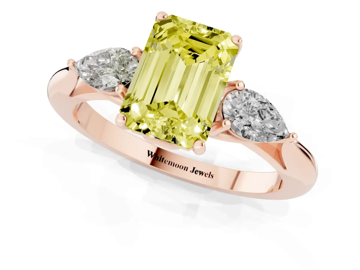 Fancy Yellow Emerald Cut Diamond Three-Stone Ring with Pear Side Stones and Prong Setting Rose gold