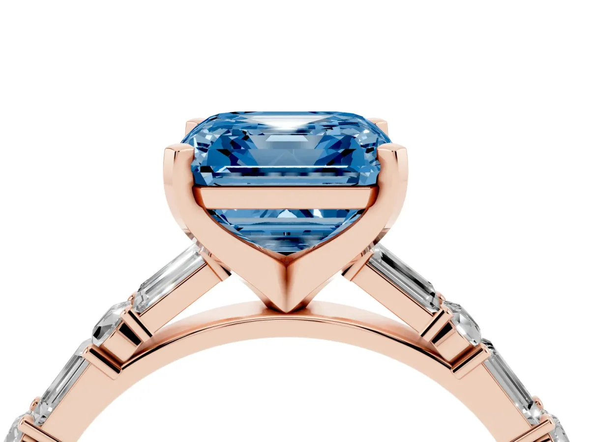 Fancy Blue Asscher Cut Diamond Solitaire with Side Baguettes and Channel Set Band Rose gold