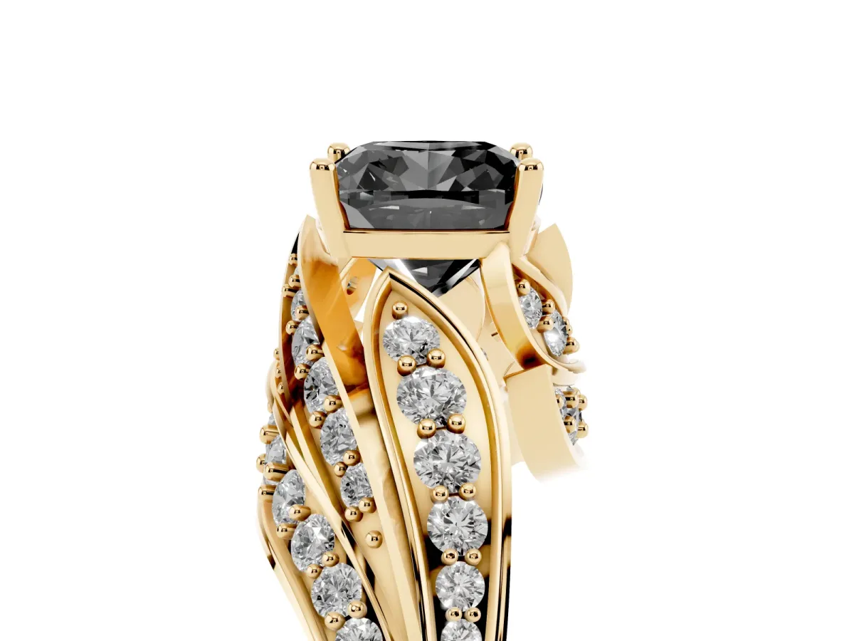 Fancy Black Cushion Cut Diamond Solitaire Ring with Prong Setting and Twisted Pavé Band Yellow gold