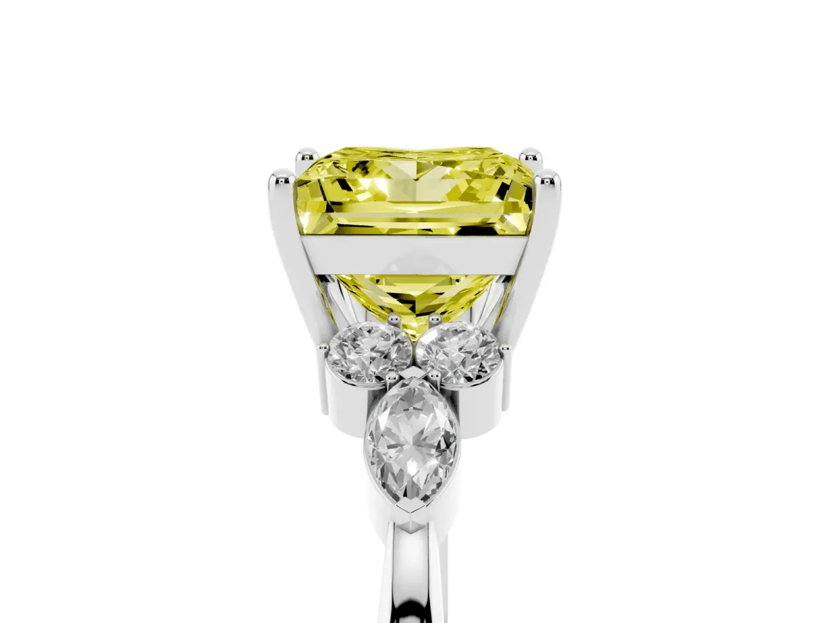 Fancy Yellow Princess Cut Brilliant Diamond Solitaire Ring with Pear Side Stones and Four-Prong Setting Silver