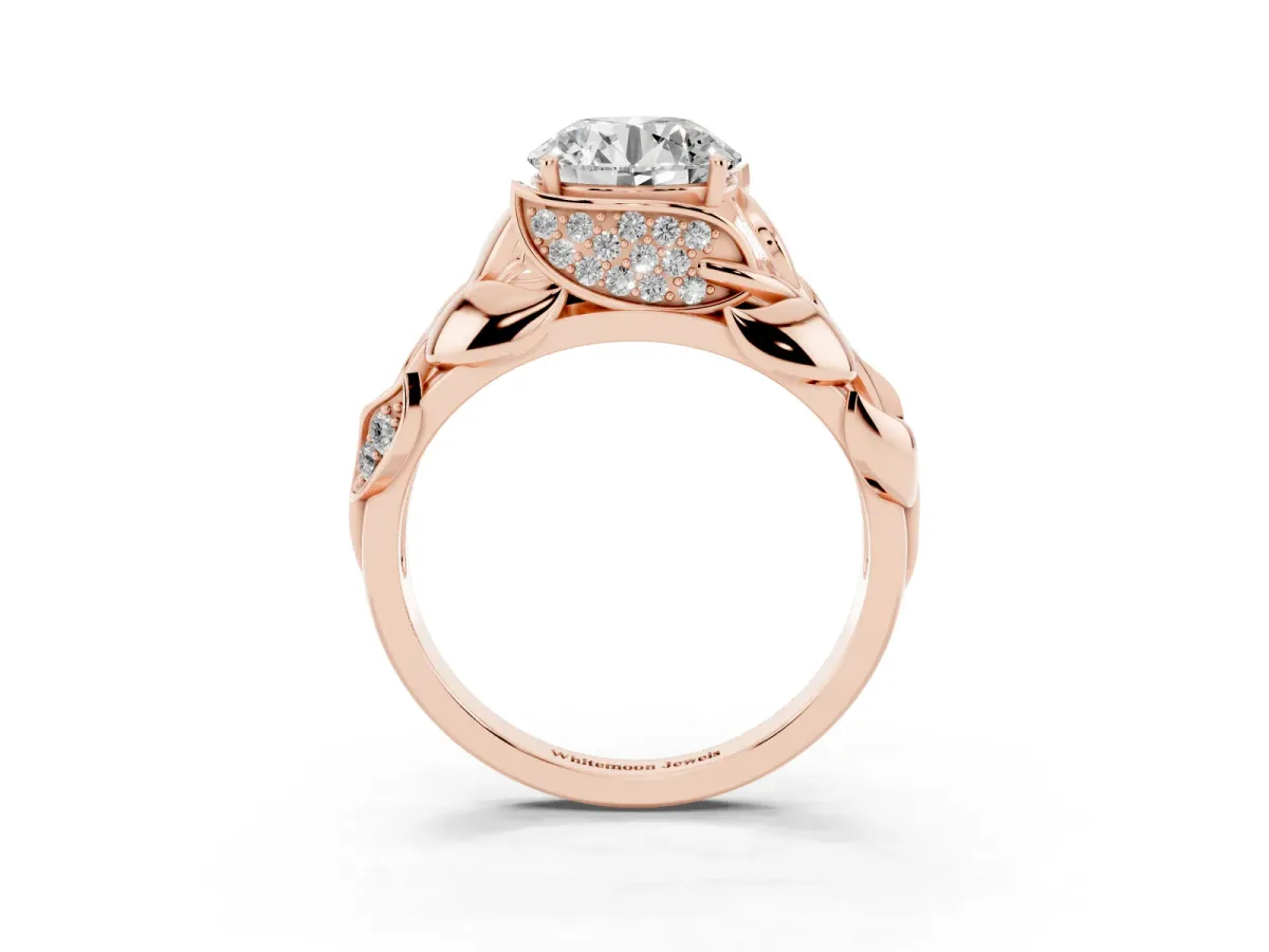 Round Cut Diamond Leaf-Inspired Engagement Ring with Round Accents and Prong Setting Rose gold