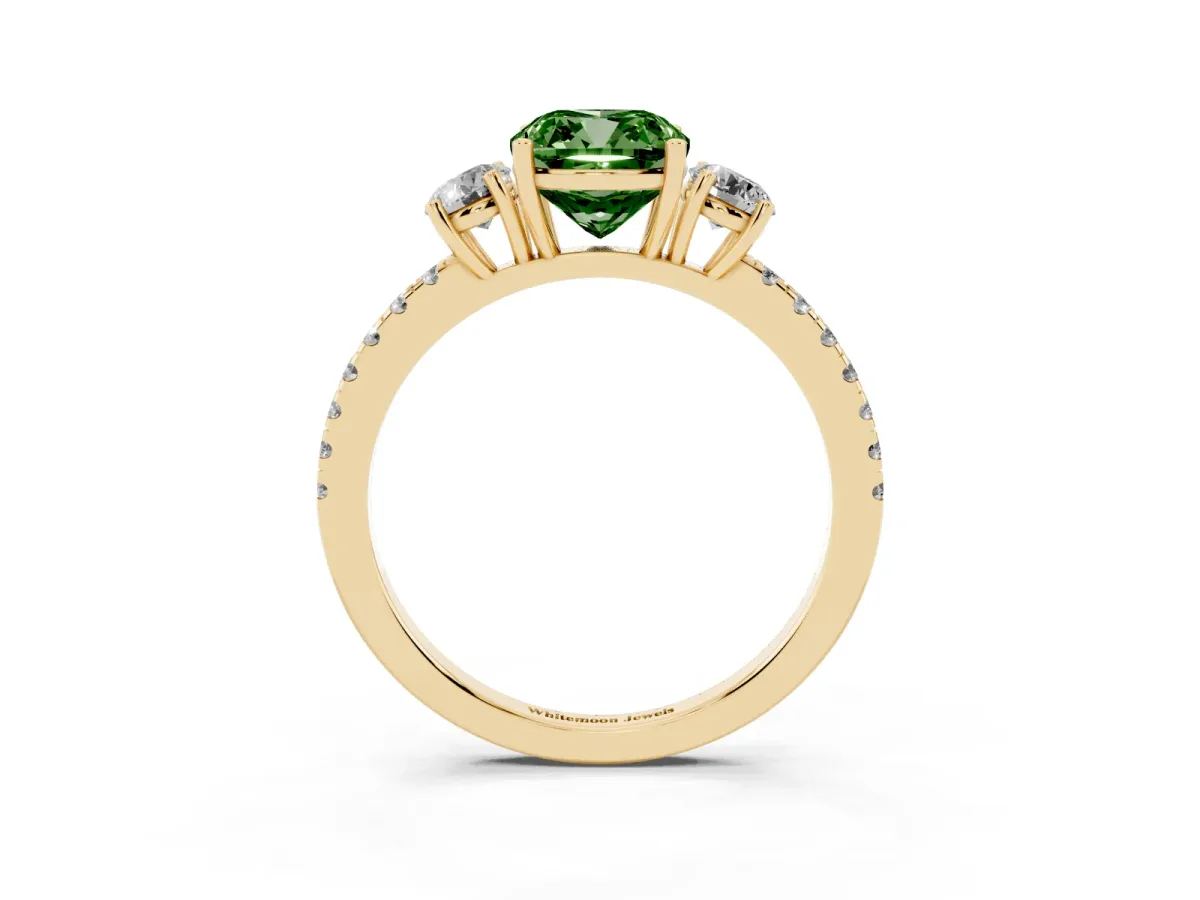 Fancy Green Three-Stone Cushion Cut Cut Diamond Pavé Band with Prong Setting Yellow gold
