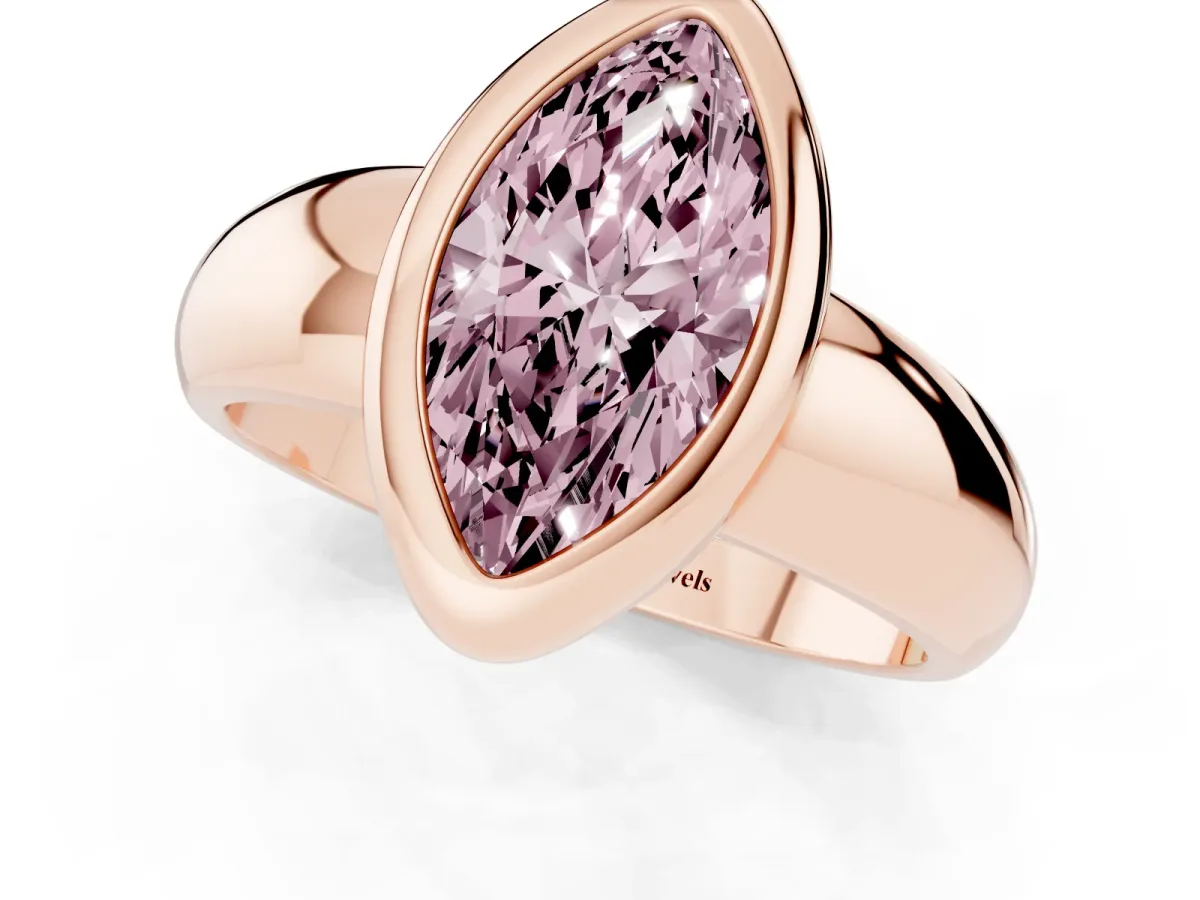 Fancy Pink Bezel Set Marquise Cut Solitaire Ring with Wide Band Rose gold