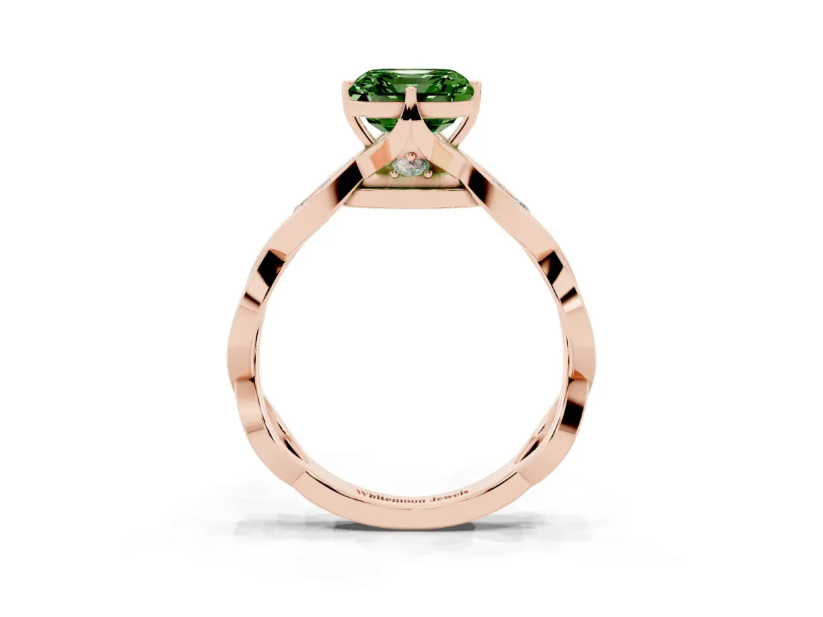 Fancy Green Asscher Cut Solitaire Twist Band with Leaf Prong Setting Rose gold
