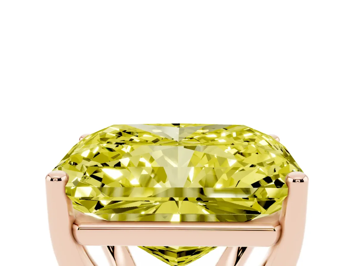 Fancy Yellow Radiant Cut Cut Diamond Solitaire Engagement Ring with Tapered Plain Band and Four-Prong Setting Rose gold