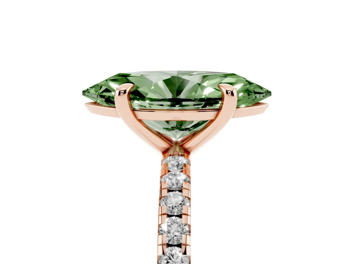 Fancy Green Marquise Cut Diamond Brilliant Solitaire Ring with Pavé Band and Four-Prong Setting Rose gold