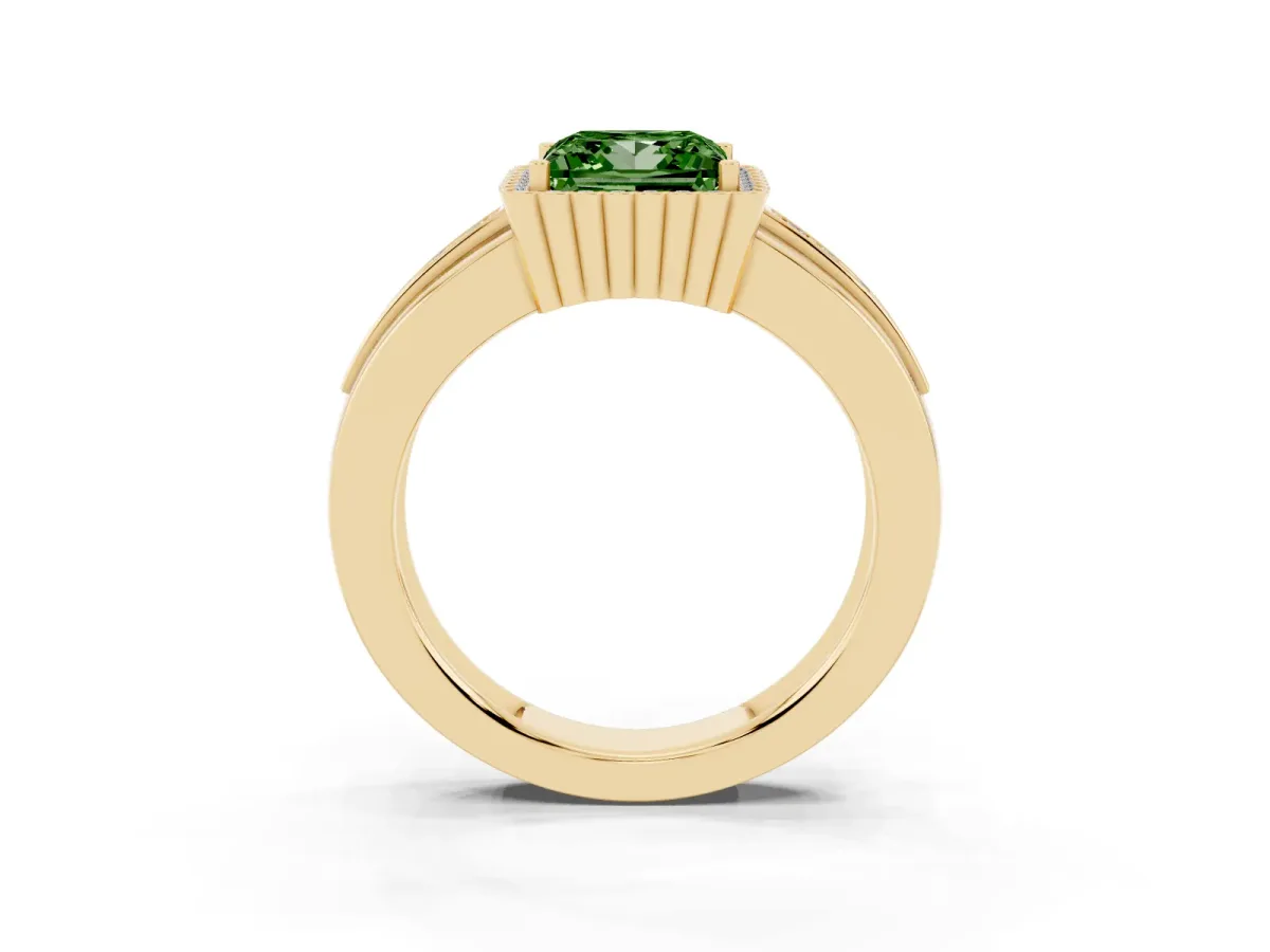 Fancy Green Princess Cut Cut Halo Pave Band Four-Prong Ring Yellow gold