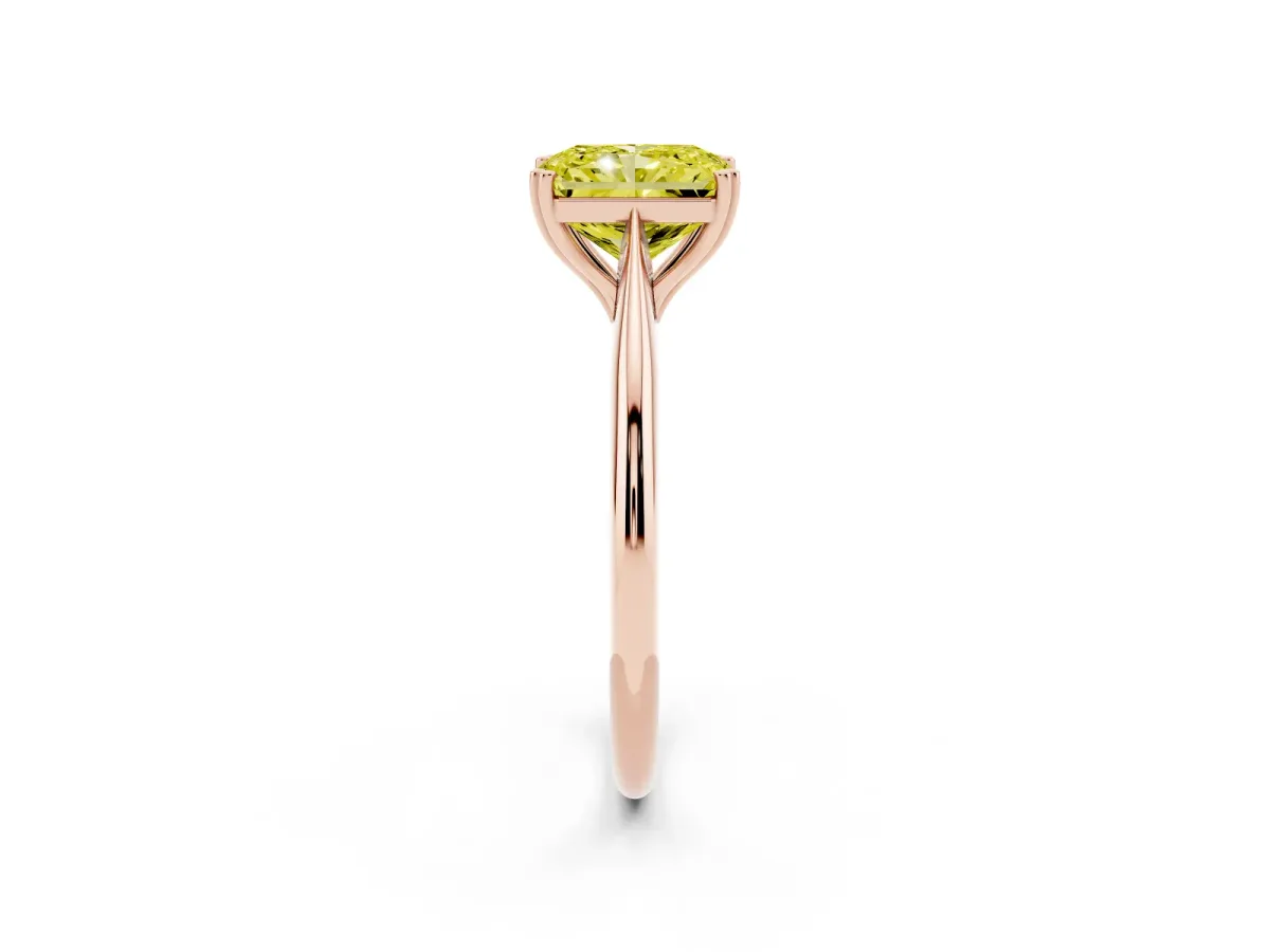 Fancy Yellow Radiant Cut Solitaire Diamond Ring with Six-Prong Setting and Classic Band Rose gold