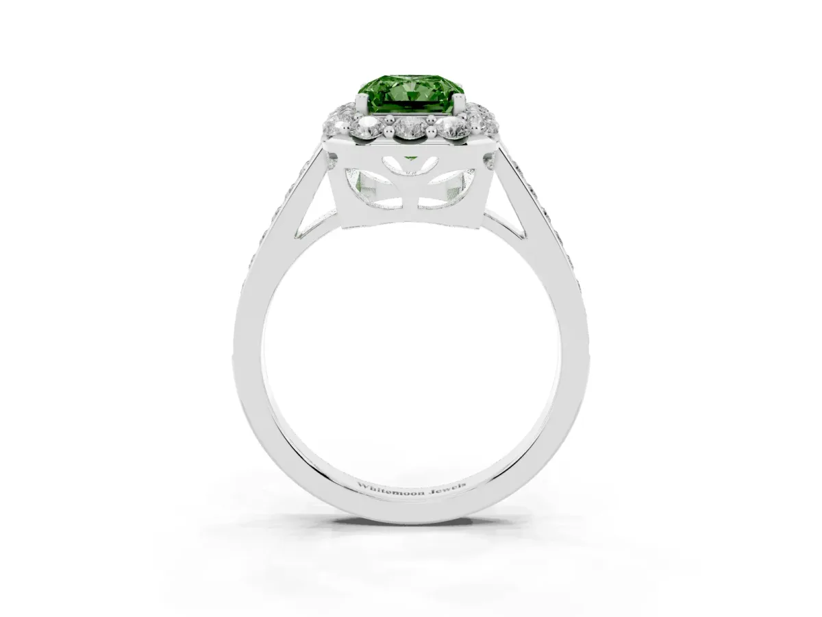 Fancy Green Radiant Cut Diamond Floral Halo Ring with Pavé Band and Prong Setting Silver
