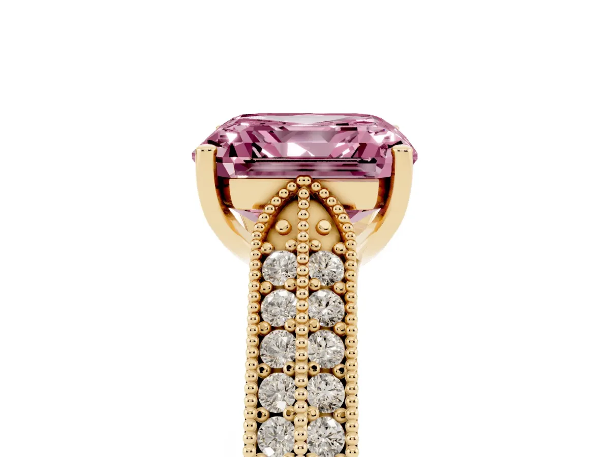 Fancy Pink Asscher Cut Cut Pave Split Shank Engagement Ring with Four-Prong Setting Yellow gold