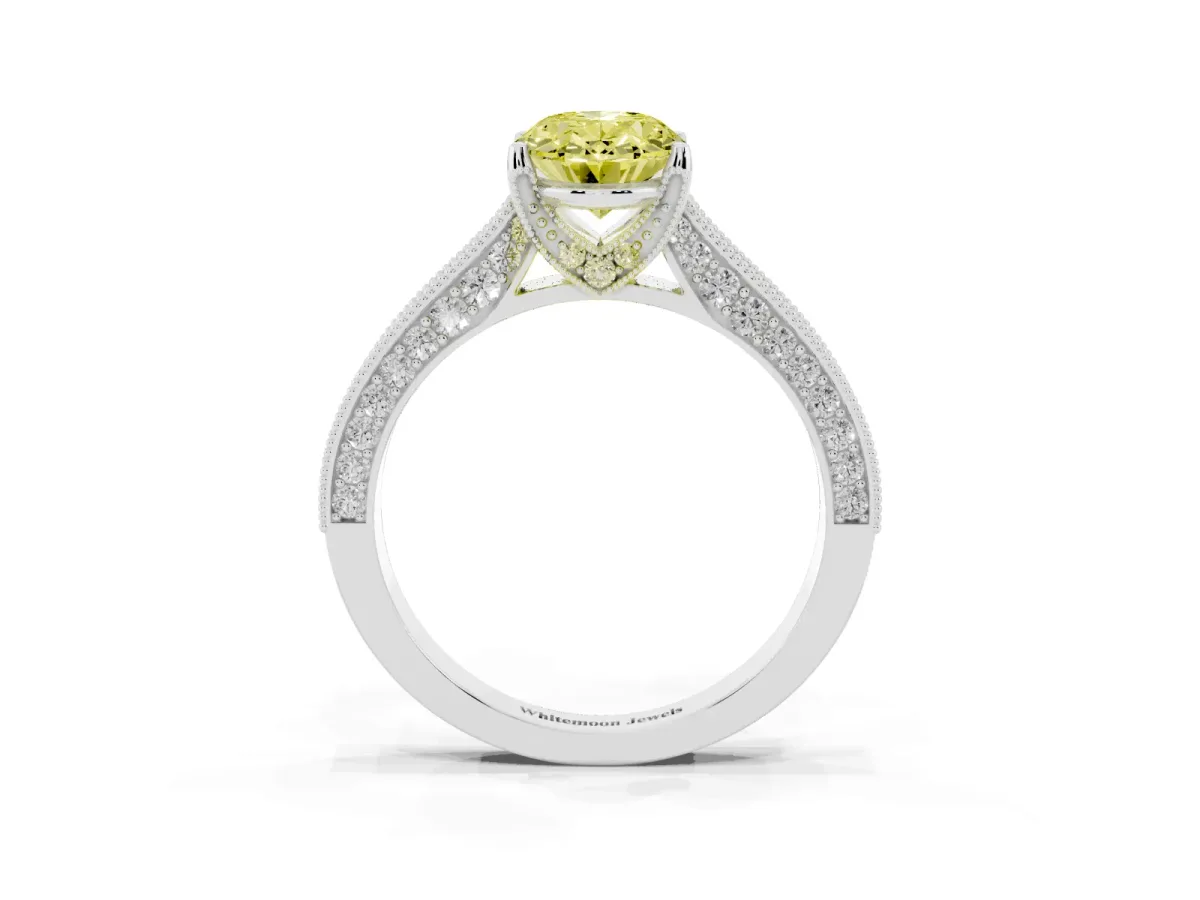 Fancy Yellow Oval Cut Cut Diamond Solitaire Ring with Milgrain Pave Band and Four Prong Setting Silver