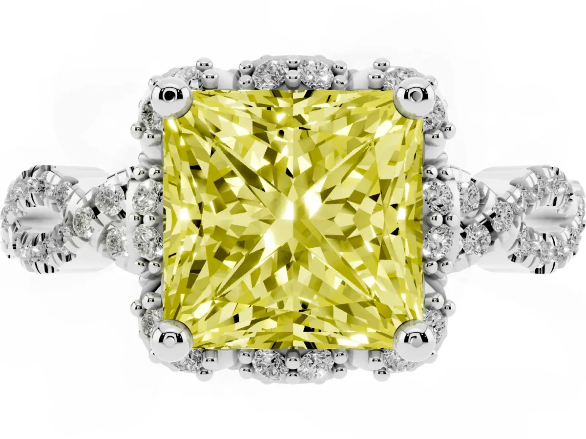 Fancy Yellow Princess Cut Halo Twist Band Solitaire Ring with Six-Prong Setting Silver