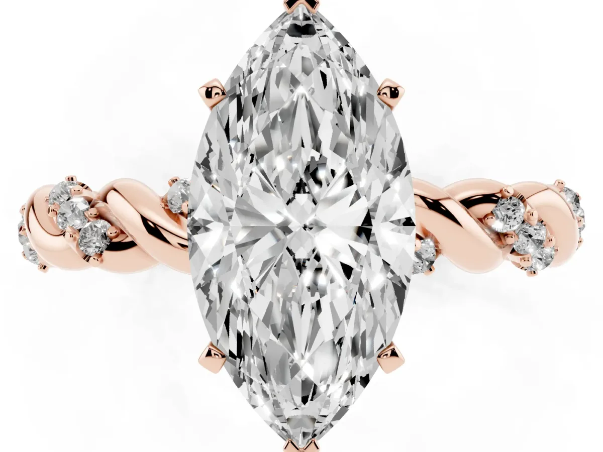 Marquise Cut Diamond Solitaire Ring with Twisted Band and Pavé Accents Rose gold