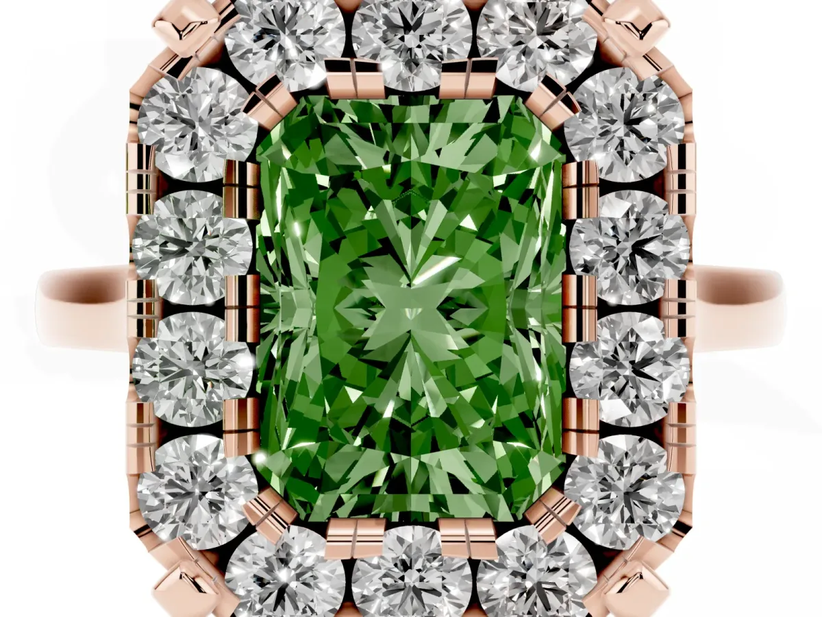 Fancy Green Radiant Cut Diamond Cluster Halo Solitaire with Four-Prong Setting Rose gold