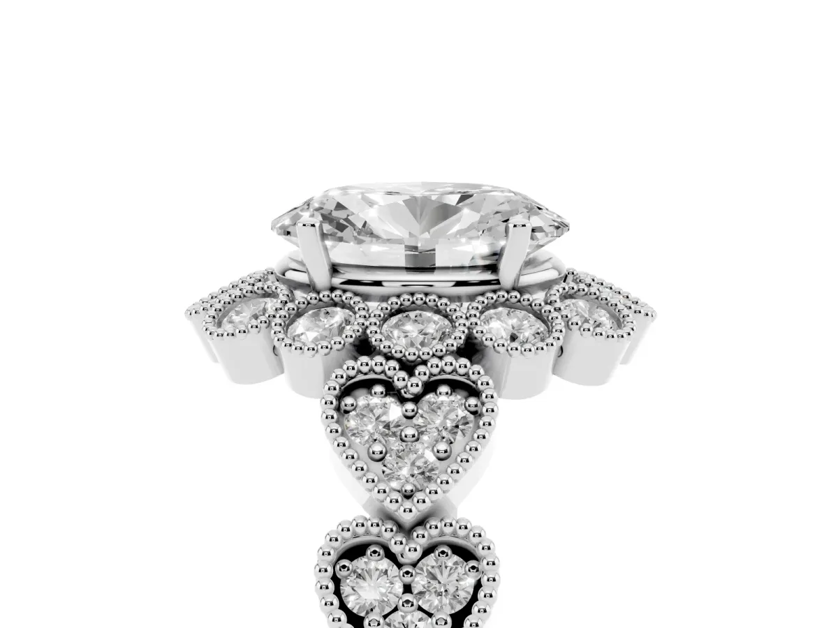 Oval Cut Brilliant Milgrain Pave Heart Band Solitaire Ring Silver