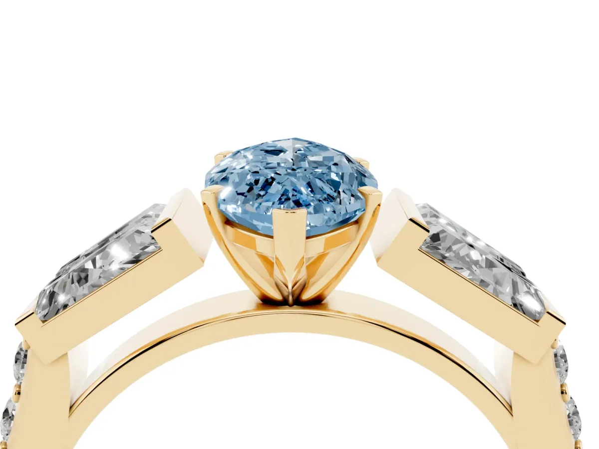 Fancy Blue Marquise Cut Diamond Engagement Ring with Baguette Side Stones and Channel Set Band Yellow gold