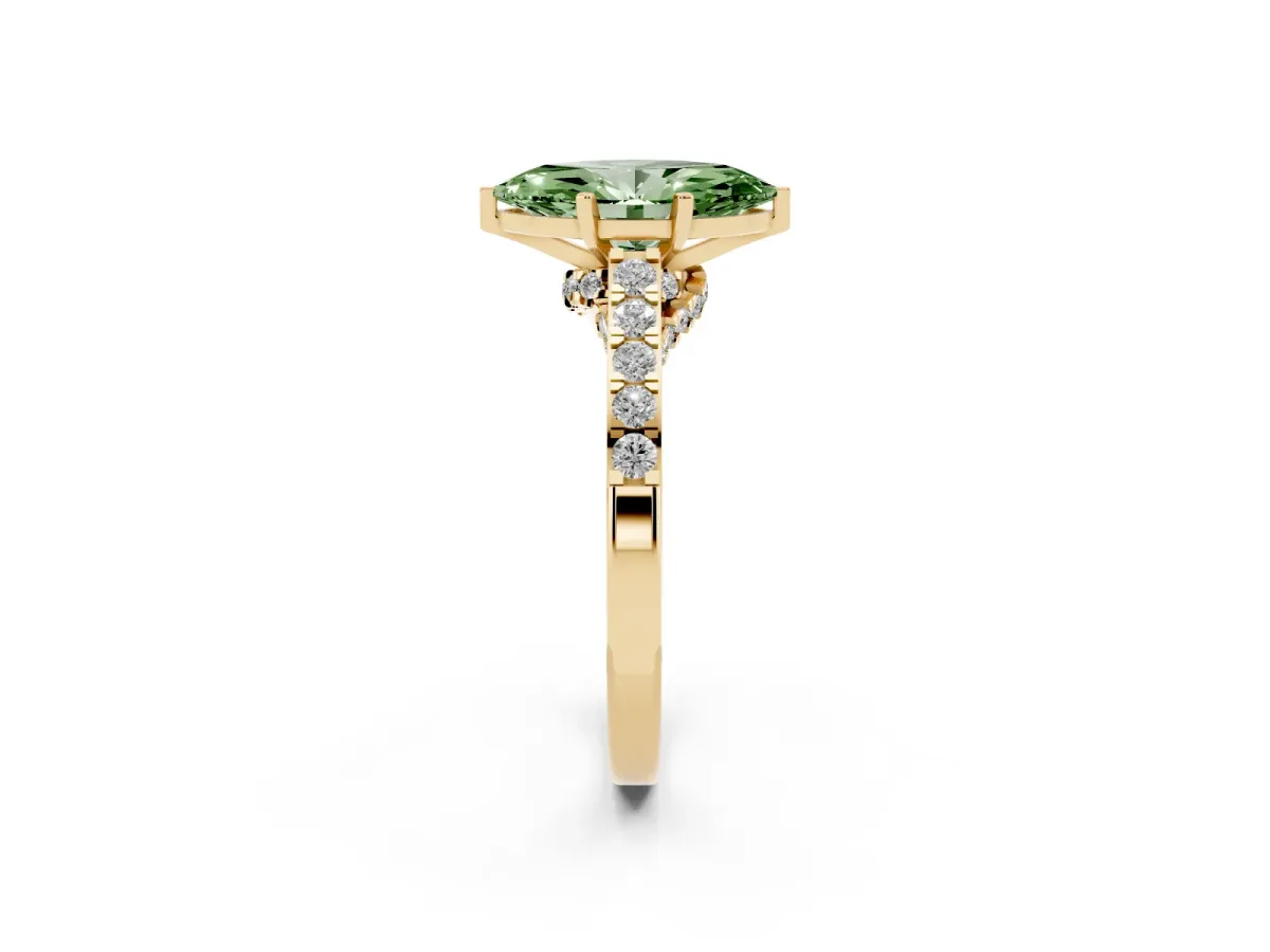 Fancy Green Marquise Cut Diamond Solitaire Ring with Crossover Gallery and Round Pavé Band Yellow gold