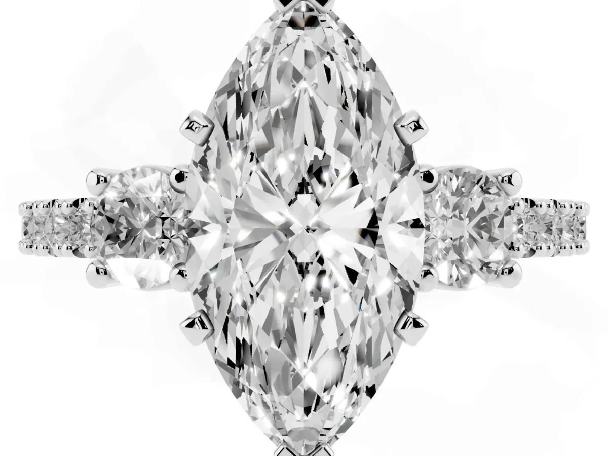 Marquise Cut Three-Stone Diamond Pavé Band with Prong Setting Silver