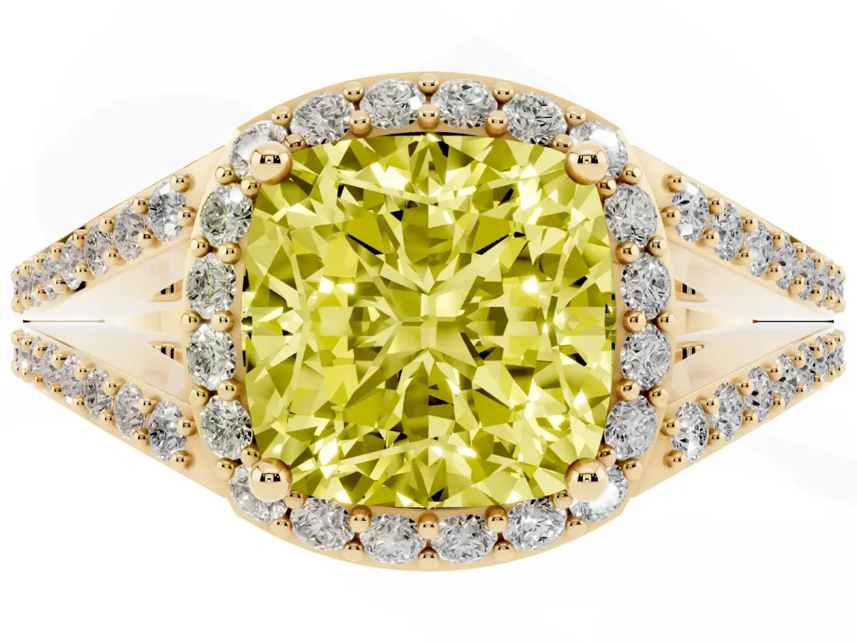 Fancy Yellow Cushion Cut Halo Split Shank Diamond Ring with Prong Setting Yellow gold