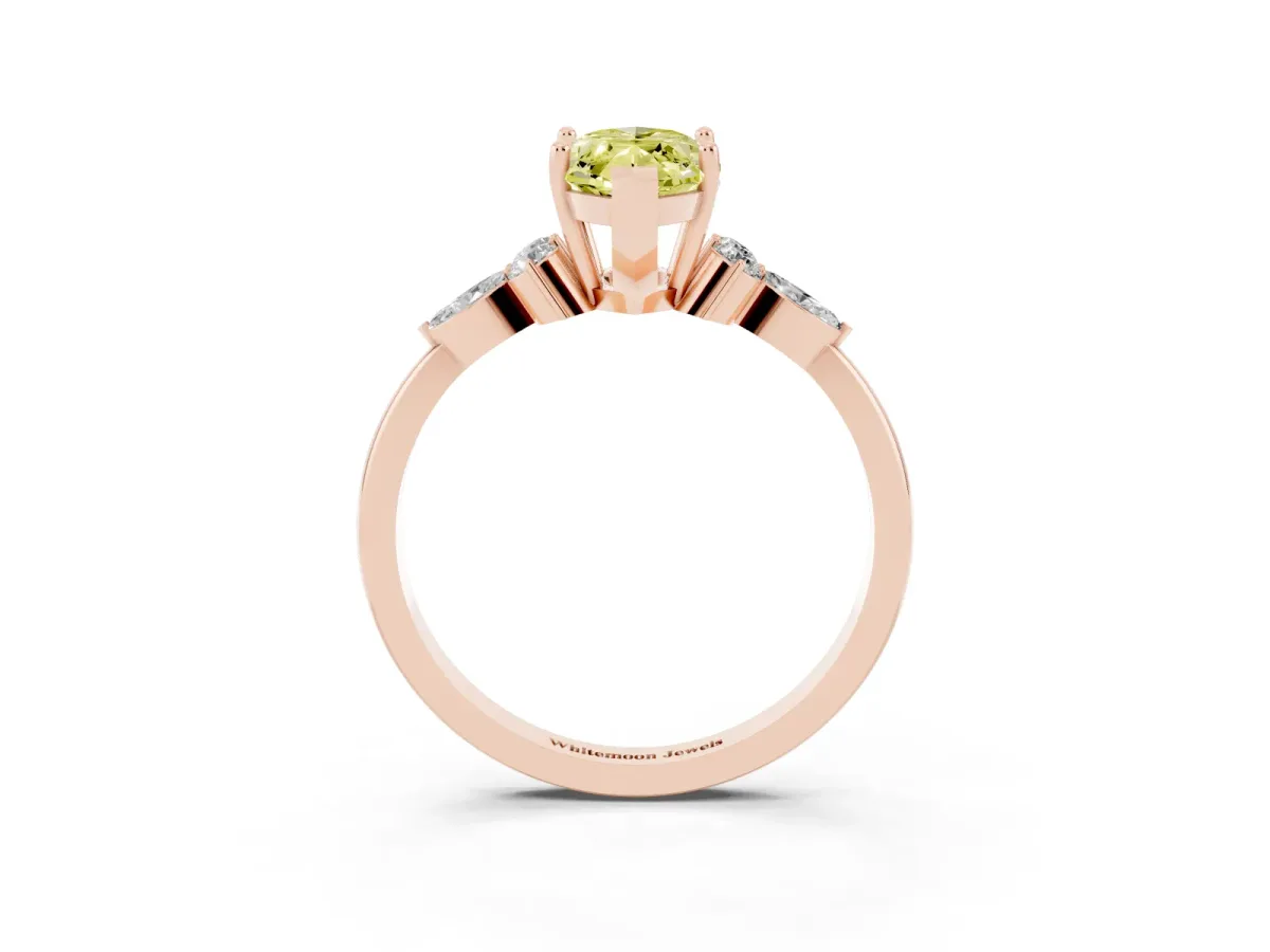 Fancy Yellow Marquise Cut Brilliant Diamond Solitaire Ring with Pear Side Stones and Four-Prong Setting Rose gold