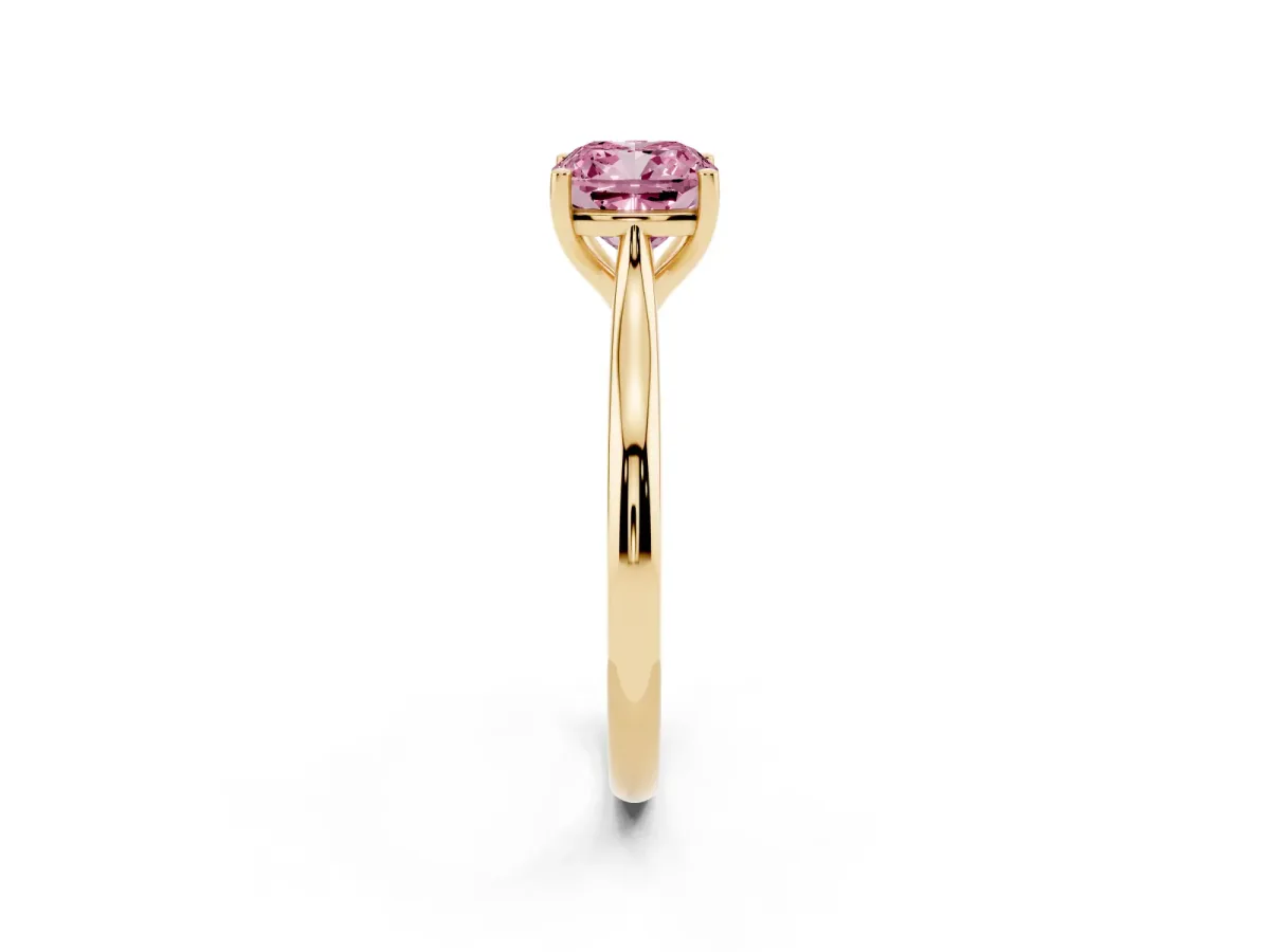 Fancy Pink Cushion Cut Cut Solitaire Ring with Cathedral Band and Four-Prong Setting Yellow gold