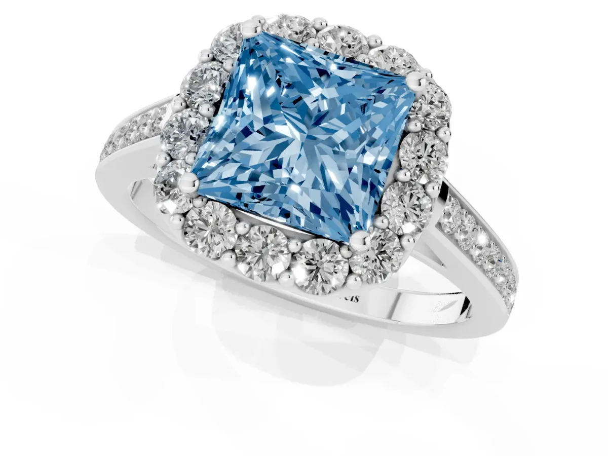 Fancy Blue Princess Cut Diamond Floral Halo Ring with Pavé Band and Prong Setting Silver