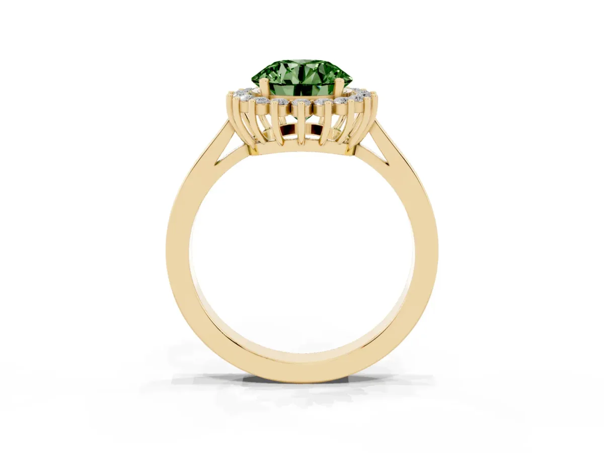 Fancy Green Round Cut Cut Diamond Halo Ring with Round Brilliant Halo and Solitaire Band Yellow gold
