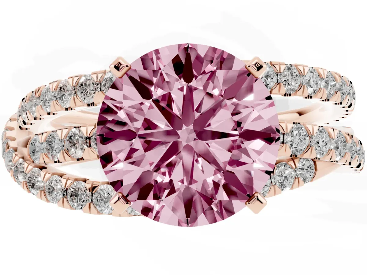 Fancy Pink Round Cut Solitaire Twist Band with Pavé Setting and Four-Prong Setting Rose gold