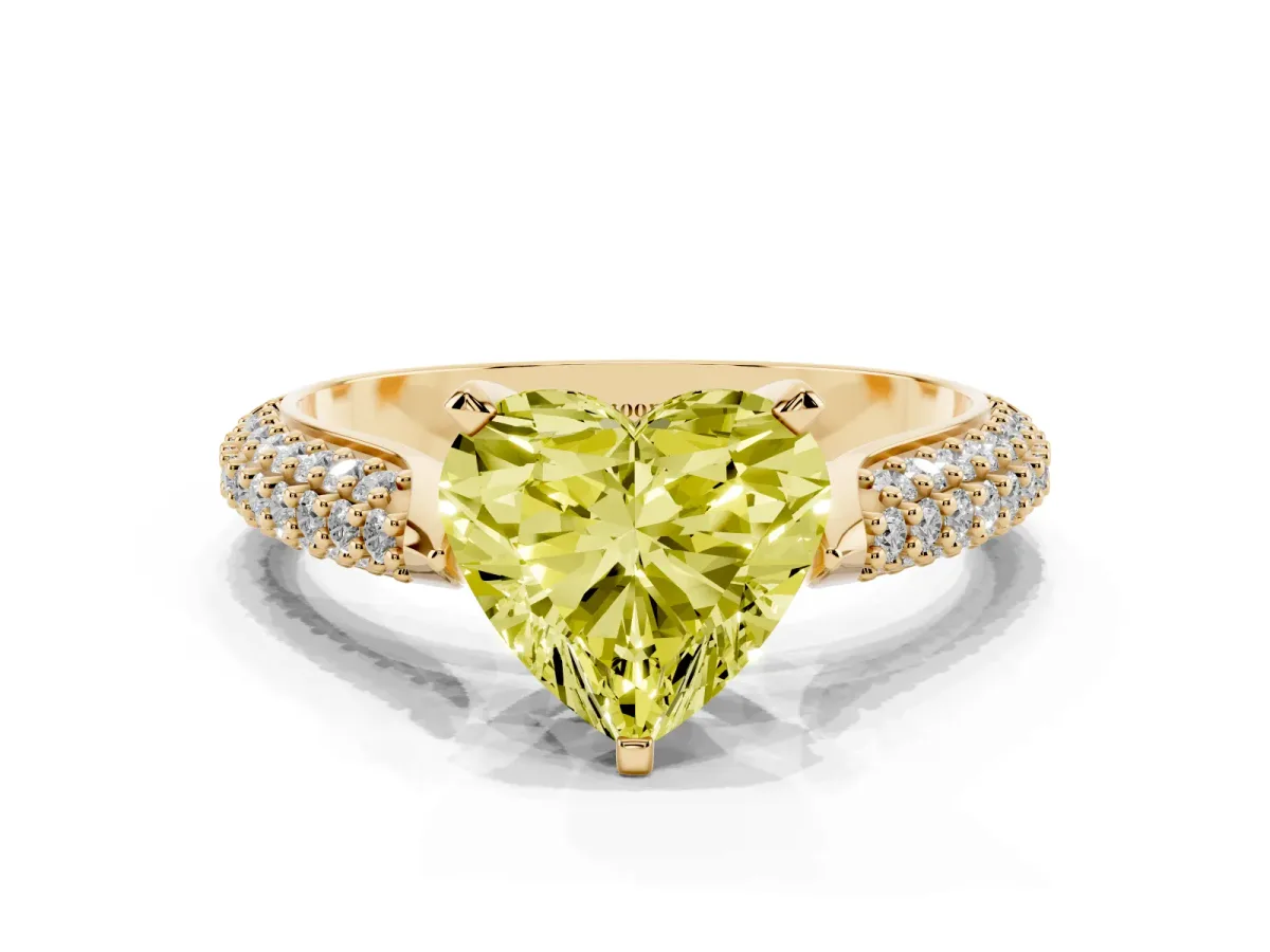 Fancy Yellow Heart Cut Diamond Solitaire Engagement Ring with Multi-Row Round Pavé Band and Prong Setting Yellow gold