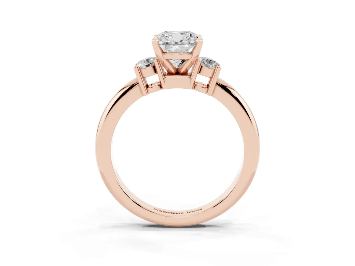 Three-Stone Cushion Cut Cut Diamond Solitaire with Prong Setting and Classic Band Rose gold